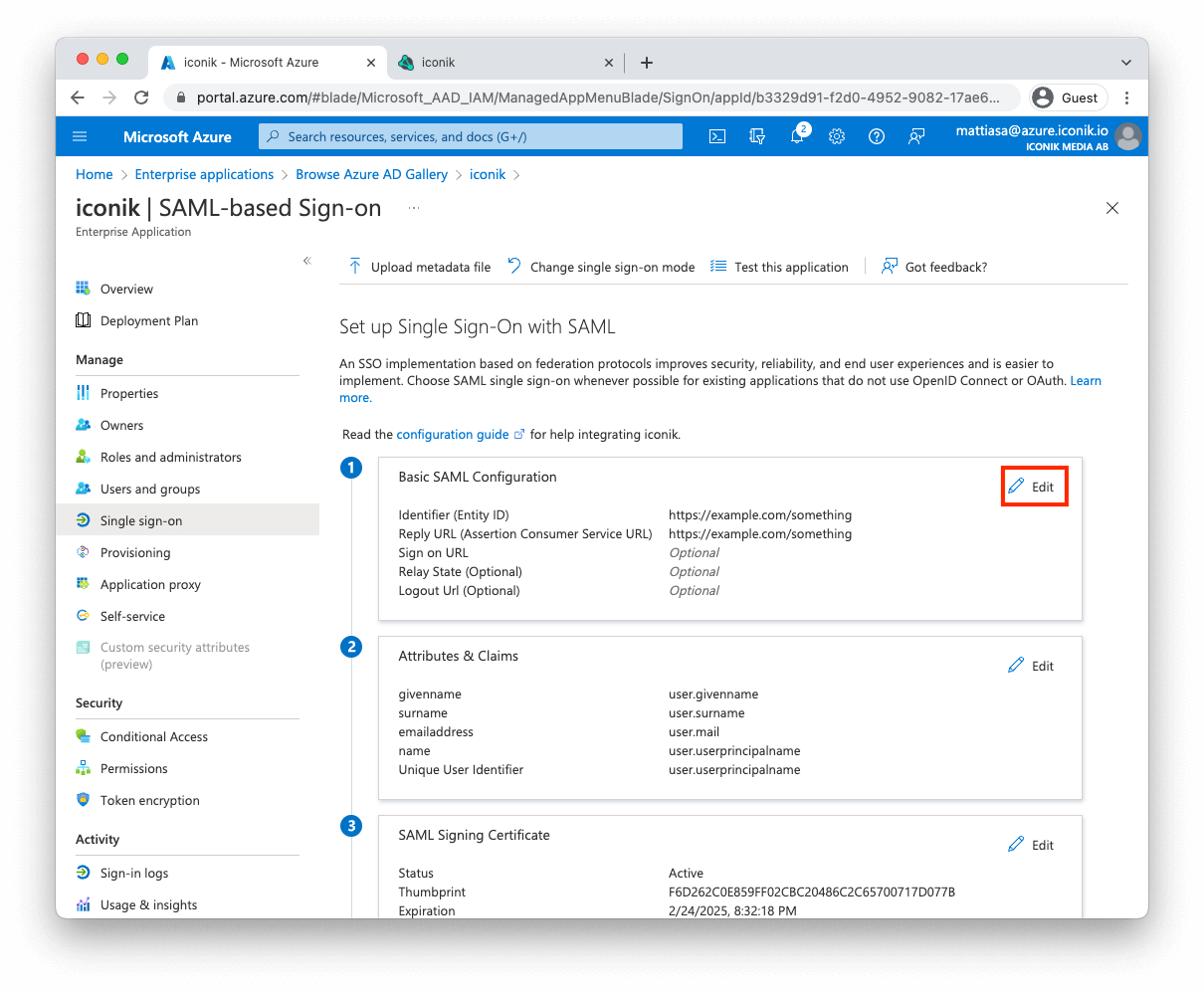 Azure SAML settings