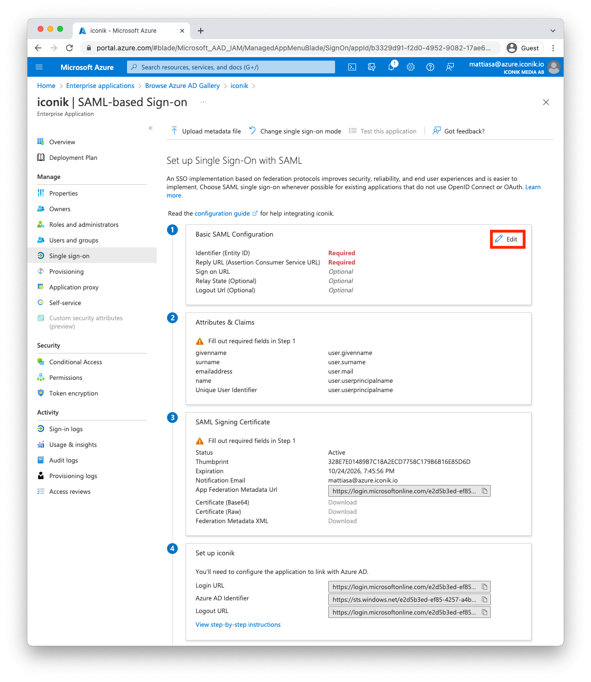 Empty SAML Configuration Form