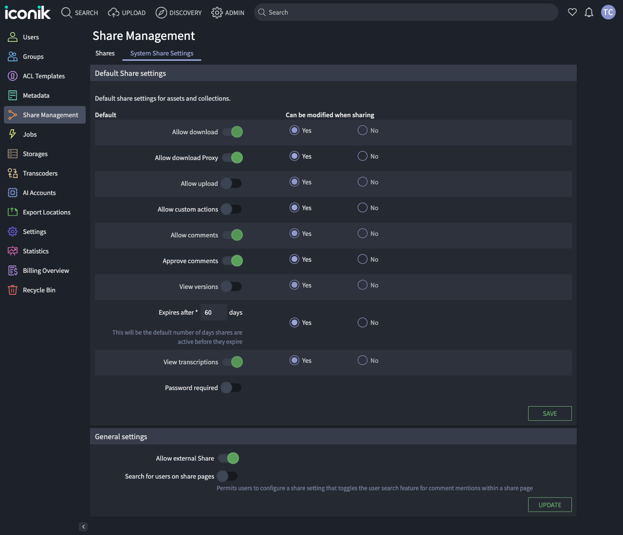 iconik system share settings
