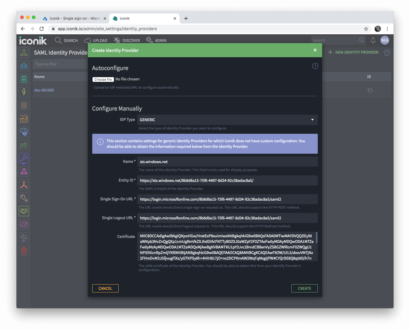 Add Identity Provider Popup