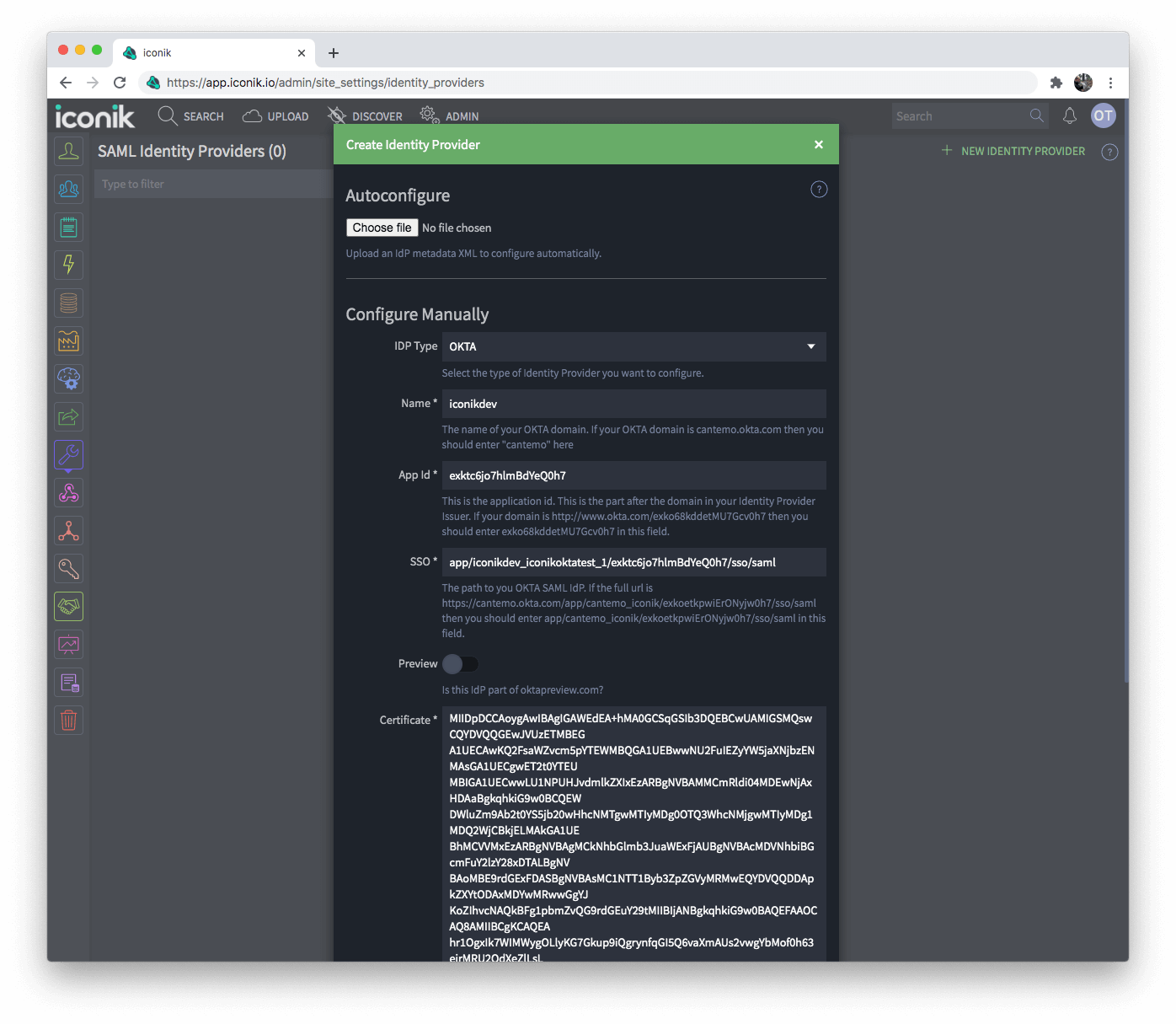 Identity Provider filled form