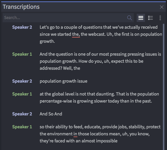 Asset Page Transcriptions Panel